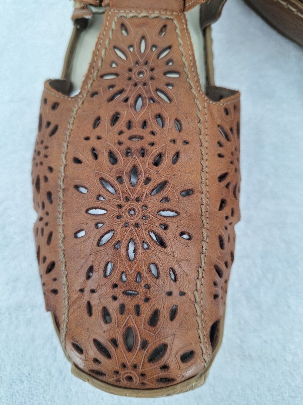 Rieker Shoes Womens 41 Anti-Stress Floral Cut Mary Jane T-Strap Brown Leather - Picture 4 of 16